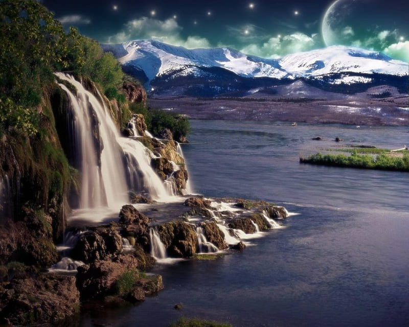 Free Download Dream World Skies Dreamy Moon Ocean Waterfall