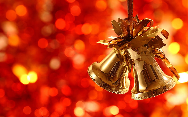 Christmas decoration, golden bell, Happy New year, glare, xmas decoration, Christmas, HD wallpaper
