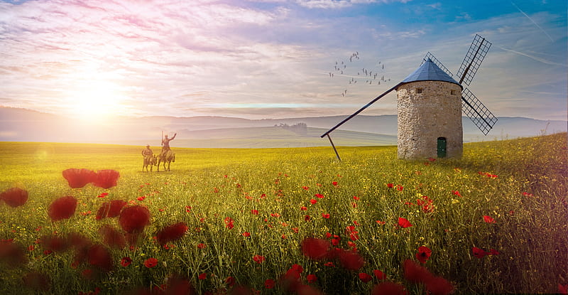 Don Quijote de la Mancha, fantasy, mill, luminos, annewipf, flower, field, poppy, don quijote, vara, summer, HD wallpaper