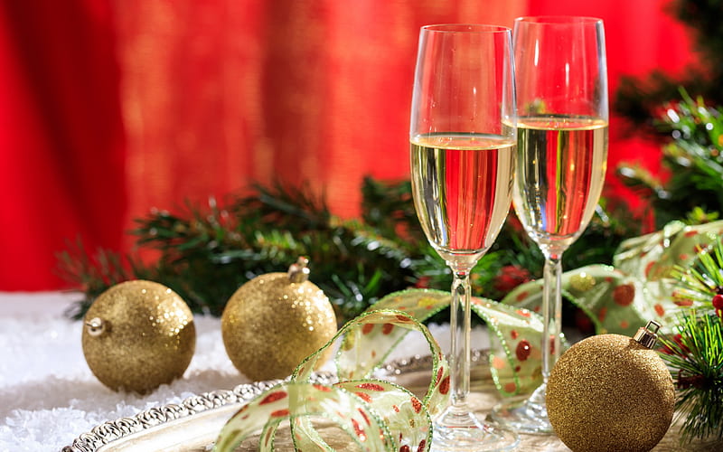 Champagne, New Year, golden Christmas balls, Christmas, silk ribbons, glasses of champagne, HD wallpaper