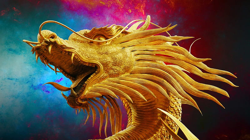 Golden dragon, fantasy, golden, yellow, dragon, pink, blue, HD wallpaper