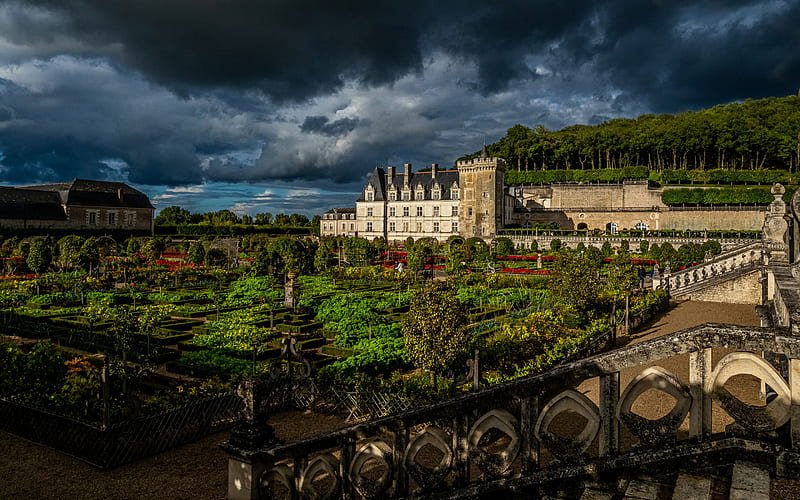 Villandry Castle, R, clouds, Loire Valley, Renaissance, french landmarks, France, Europe, HD wallpaper