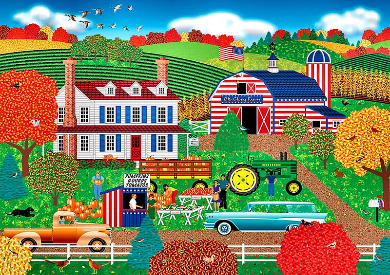Old Glory Farm, architecture, planting, art, bonito, artwork, farm, painting, wide screen, scenery, patriotism, crops, landscape, HD wallpaper