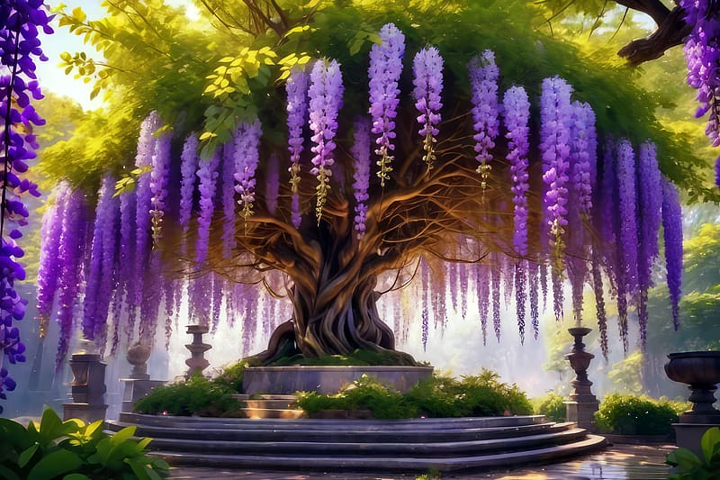 Wisteria tree in park, purple, beautiful, garden, wisteria, paradise, flowering, tree, park, HD wallpaper