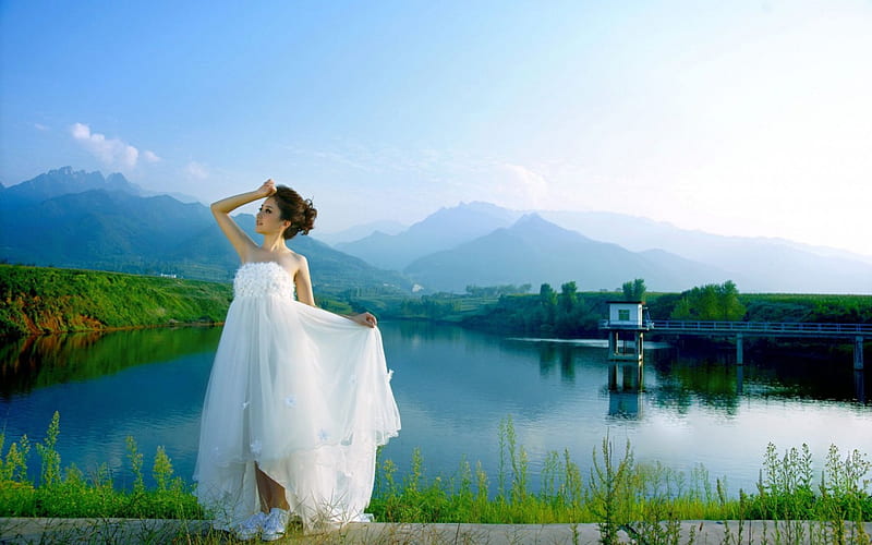 Bride, dress, spring, woman, lake, vara, water, girl, green, summer, asian, white, landscape, HD wallpaper