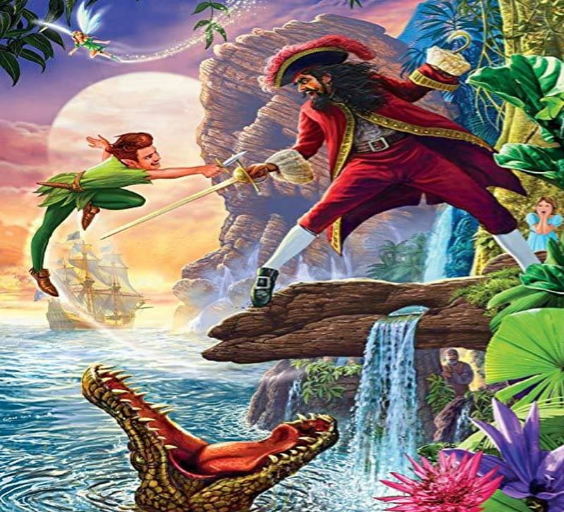 Peter Pan and Pirates, Water, Waterfall, Pirates, Peter Pan, Hook, HD wallpaper