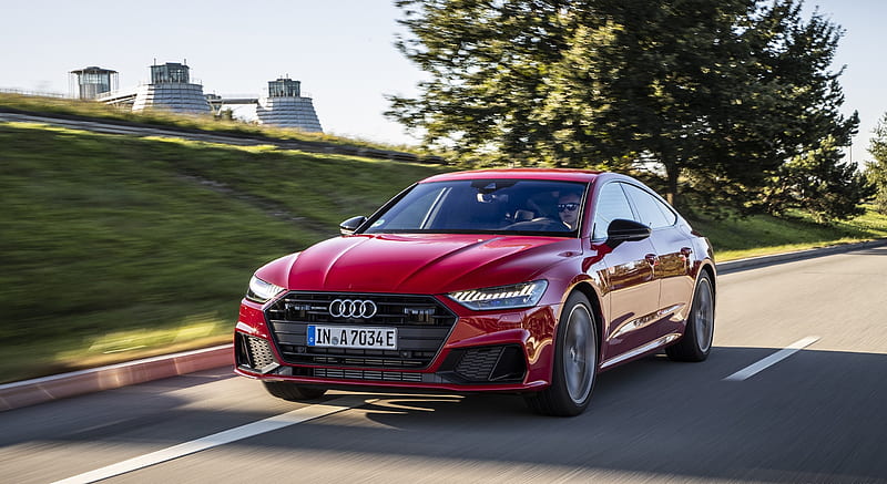 2020 Audi A7 Sportback 55 TFSI e quattro Plug-In Hybrid (Color: Tango Red) - Front Three-Quarter , car, HD wallpaper