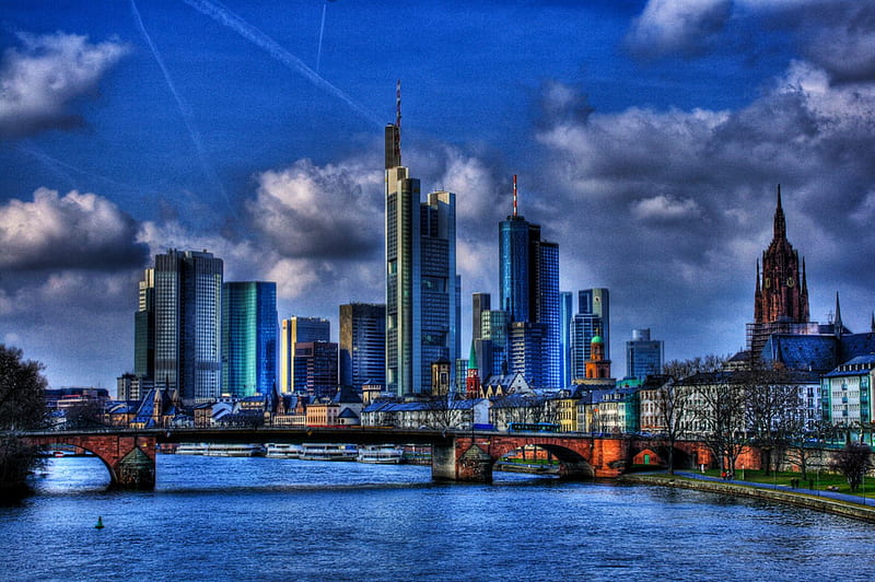 FRANKFURT SKYLINE, city, water, bridge, skyline, frankfurt, r, HD wallpaper