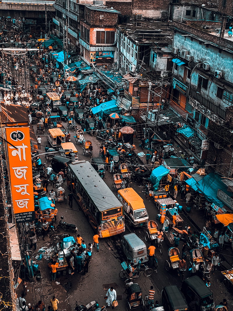 Traffic , bangladesh, city, dhaka, orange and teal, HD phone wallpaper