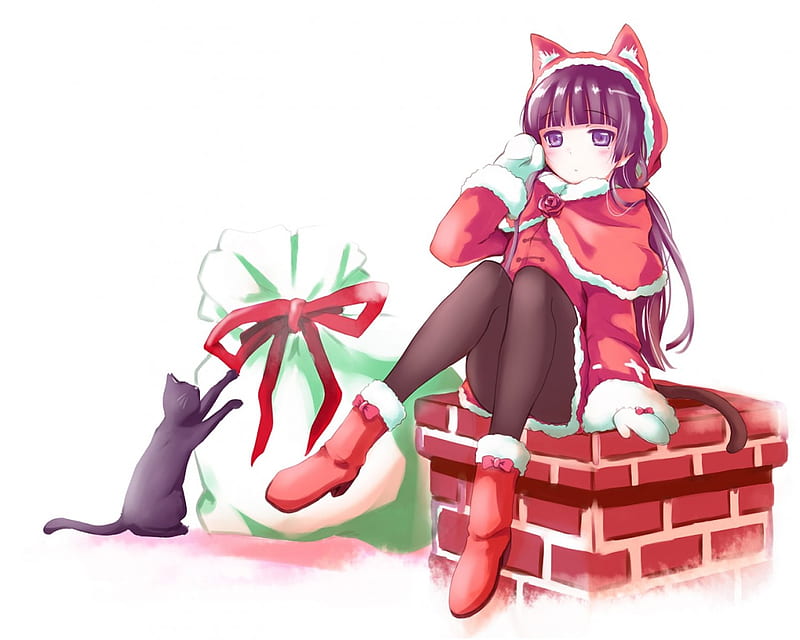 Got you some presents, cute, girl, christmas, got, neko, anime, cat, HD wallpaper
