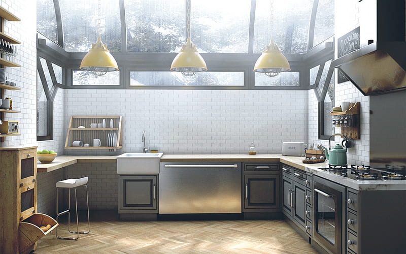 stylish kitchen interior, loft style, white brick wall kitchen, yellow round lamps, modern interior design, kitchen, HD wallpaper