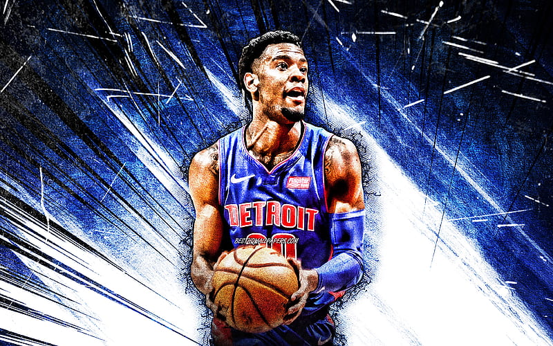 Josh Jackson, grunge art, Detroit Pistons, NBA, basketball, Josh ONeal Jackson, Josh Jackson Detroit Pistons, blue abstract rays, Josh Jackson, HD wallpaper