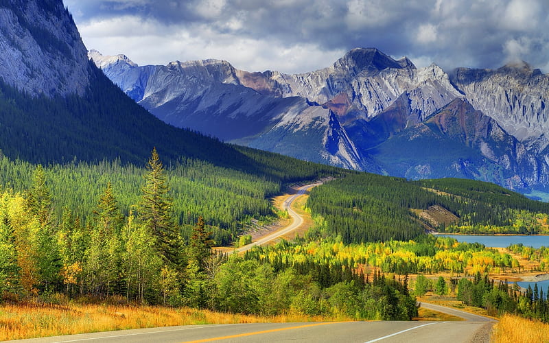 Canada, road, Banff, mountains, summer, Alberta, Banff National Park, HD wallpaper