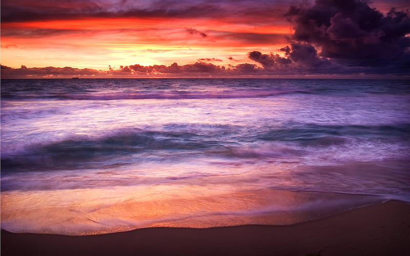 Purple Sea, colorful, bonito, sunset, clouds, sea, beach, sand ...