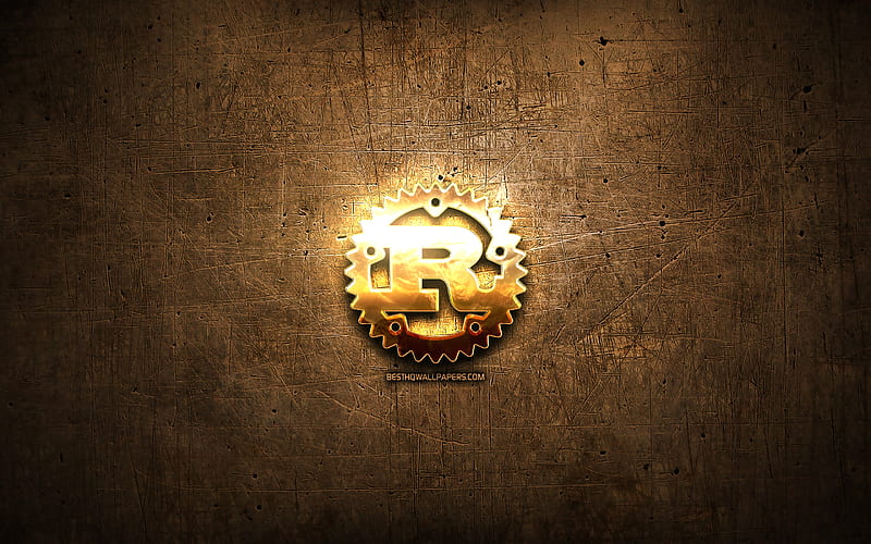 Rust golden logo, programming language, brown metal background, creative, Rust logo, programming language signs, Rust, HD wallpaper