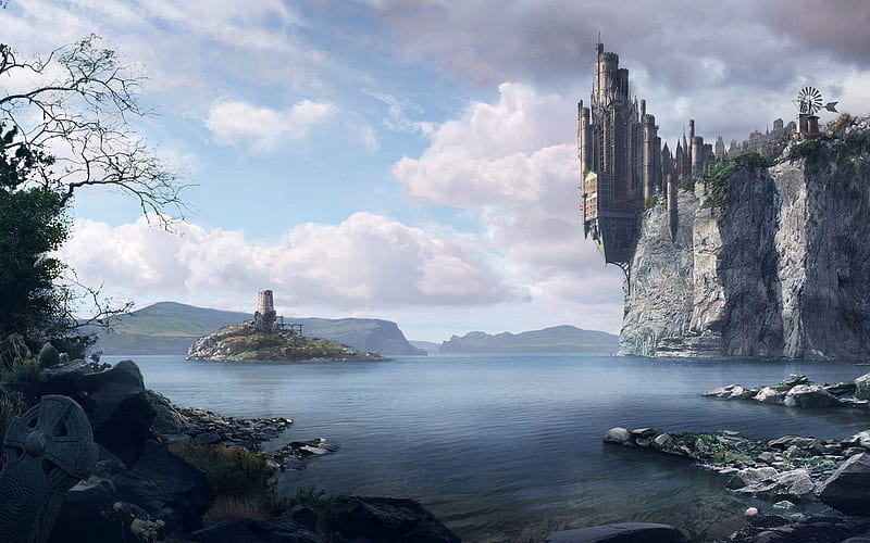 Landscape, Fantasy, Gothic, Castles, City, Cliff, Castle, Seaside, HD wallpaper