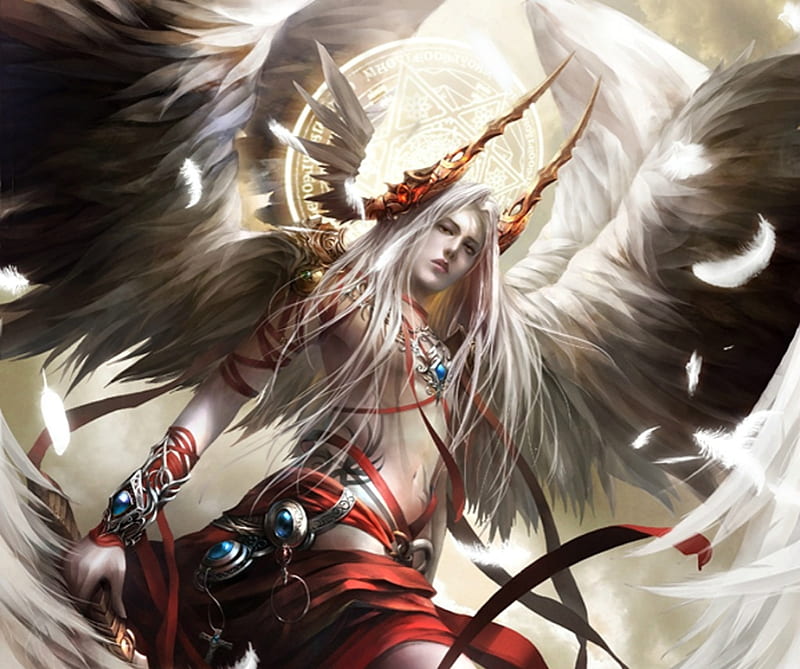 Angel, red, wings, legend of the cryptids, game, man, fantasy, feather, white, loc, HD wallpaper