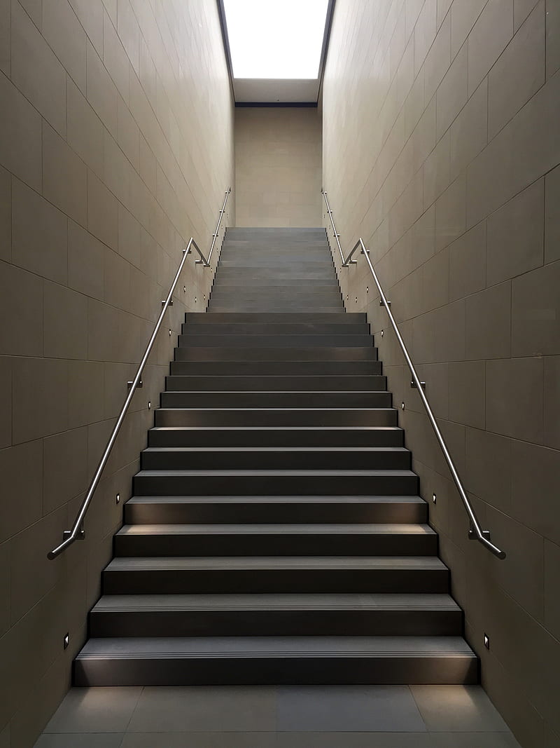 gray concrete stair with gray steel handle, HD phone wallpaper