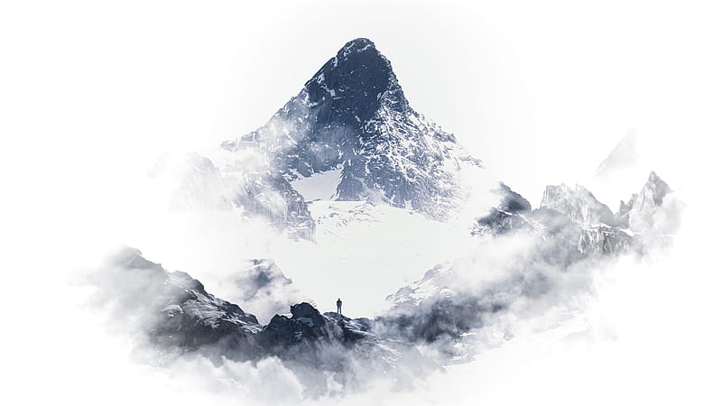 mountain, peak, silhouette, snow, clouds, white, HD wallpaper