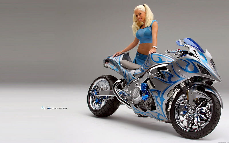 Girl-and-Bike, custom, model, silver, blue, HD wallpaper