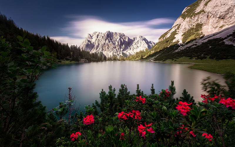 Seebensee, mountain lake, evening, sunset, mountain landscape, Mieming Range, Tyrol, Austria, HD wallpaper
