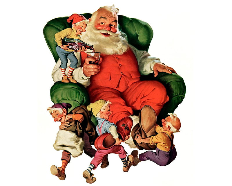 Coca Cola Santa 2, elfs, santa, slippers, boots, chair, HD wallpaper