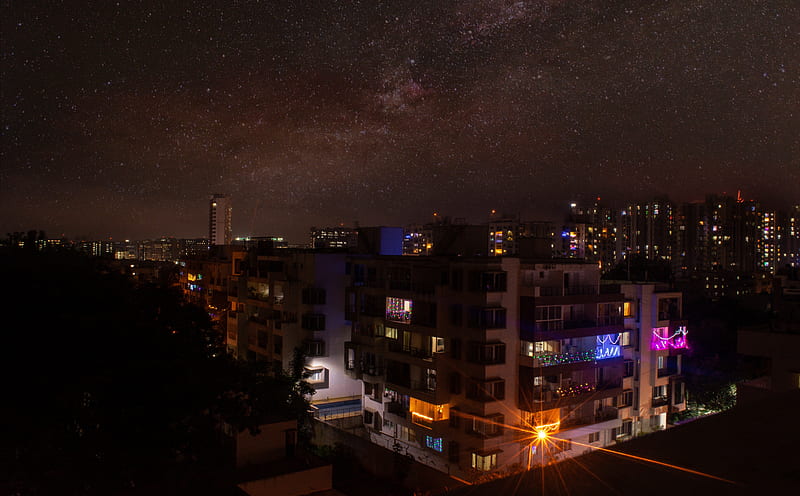 A Sky Full of Stars Ultra, City, Full, Night, Stars, Buildings, sky, HD wallpaper