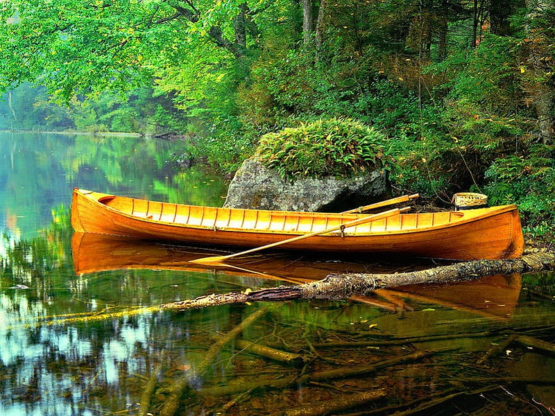 Adirondack guideboat, treed, pretty, riverbank, shore, canoe, bonito, bushes, mirrored, mountain, nice, boat, green, river, reflection, tranquility, calmness, lovely, guideboat, greenery, creek, adirondack, lake, waters, serenity, nature, lakeshore, HD wallpaper