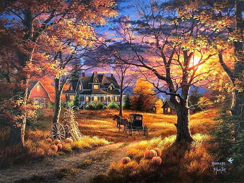 Thanksgiving, fall season, autumn, houses, love four seasons, farms, attractions in dreams, paintings, sunsets, nature, fields, carriages, pumpkins, HD wallpaper