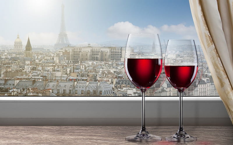 Beautiful Sill, red, window, wine, curtains, glasses, clouds, Eiffel Tower, sill, city, Paris, HD wallpaper