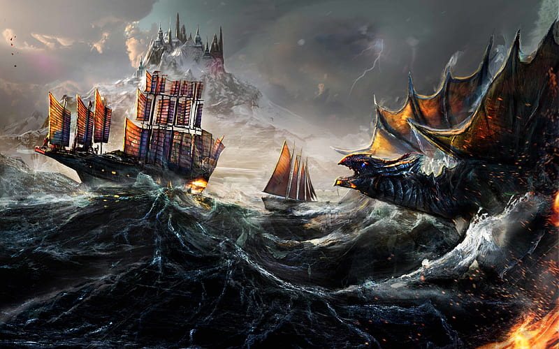 dragon, sea, monsters, ships, waves, art, HD wallpaper