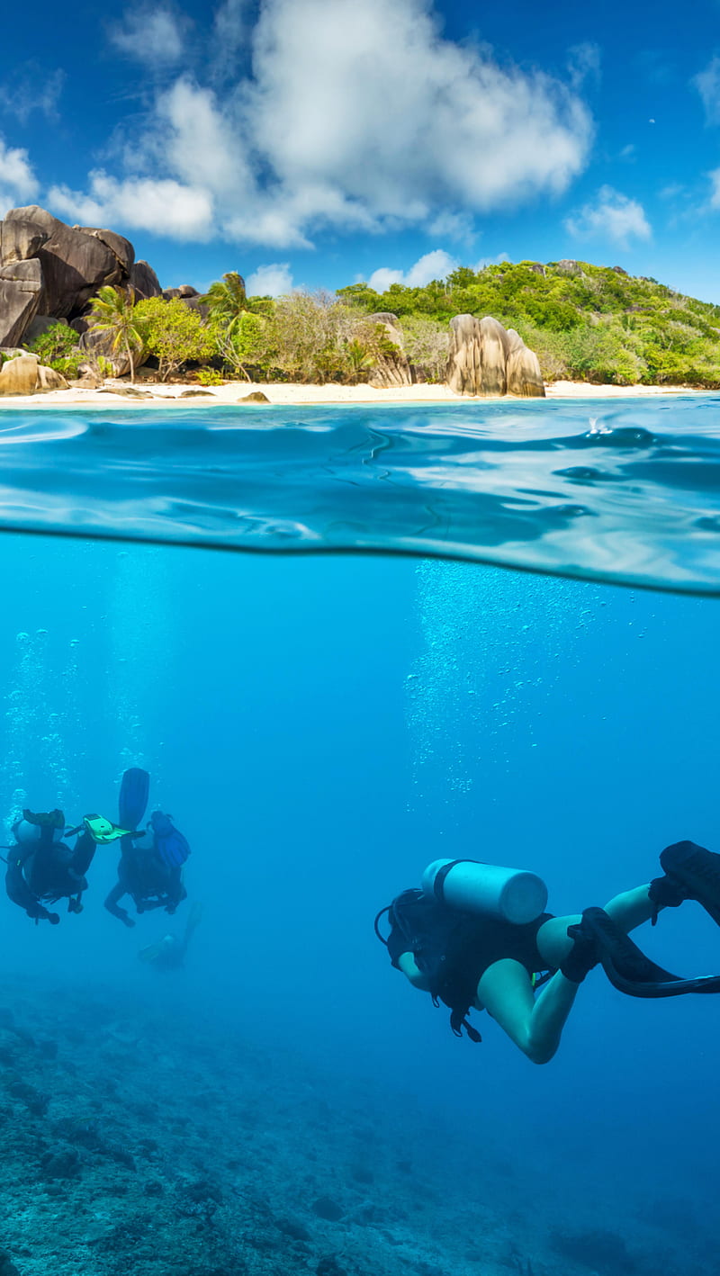 Underwater, beach, blue, couple, green, island, landscape, scuba, HD phone wallpaper