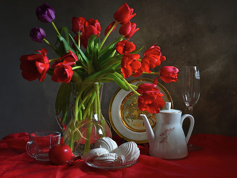 ❤️, Apple, Tulips, Coffee pot, Marshmallows, HD wallpaper