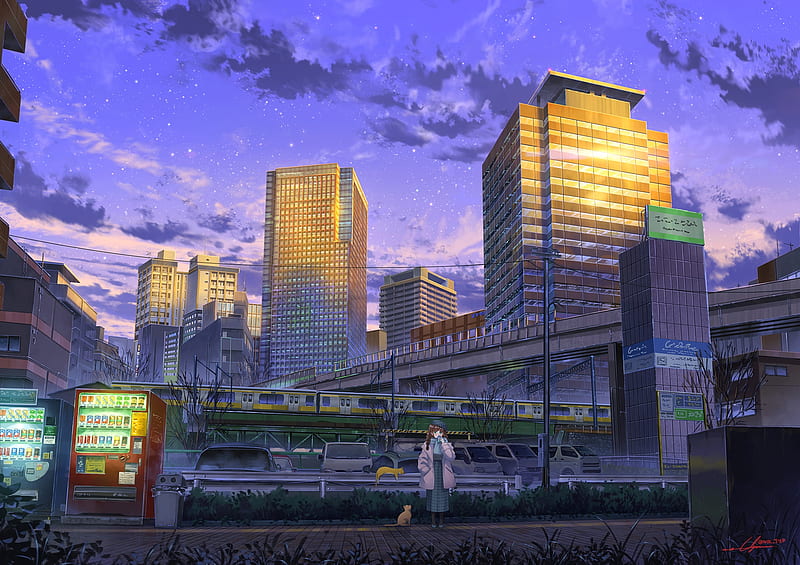anime cityscape, buildings, anime girl, slice of life, train, Anime, HD wallpaper