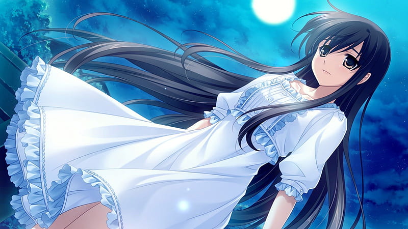 Michiru, moon, anime, blue white, anime girl, midori no umi, night, HD wallpaper
