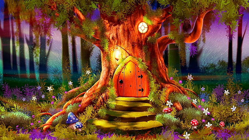 Fantasy Treehouse, fantasy, house, tree, woods, HD wallpaper