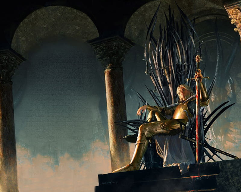 Hail The New King, throne, golden armour, sword, blood, HD wallpaper