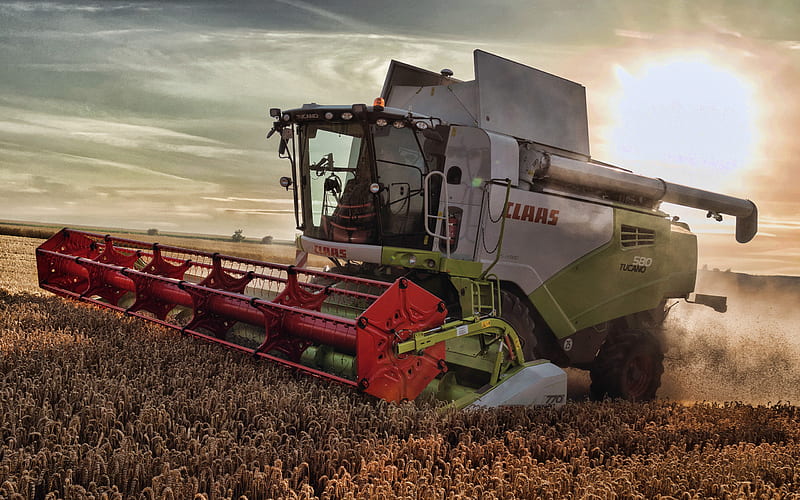 Claas Tucano 580, combine harvester, harvesting concepts, wheat harvesting, combine on the field, sunset, evening, agricultural machinery, Claas, HD wallpaper