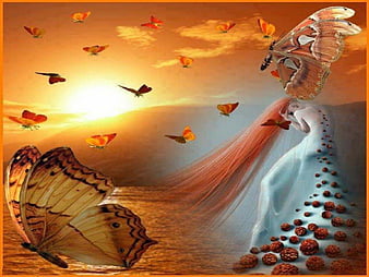 Sunset For Cherie, fantasy, sunset, butterflies, abstract, lady, HD wallpaper