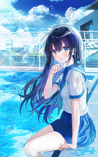 anime girl with black hair and blue highlights