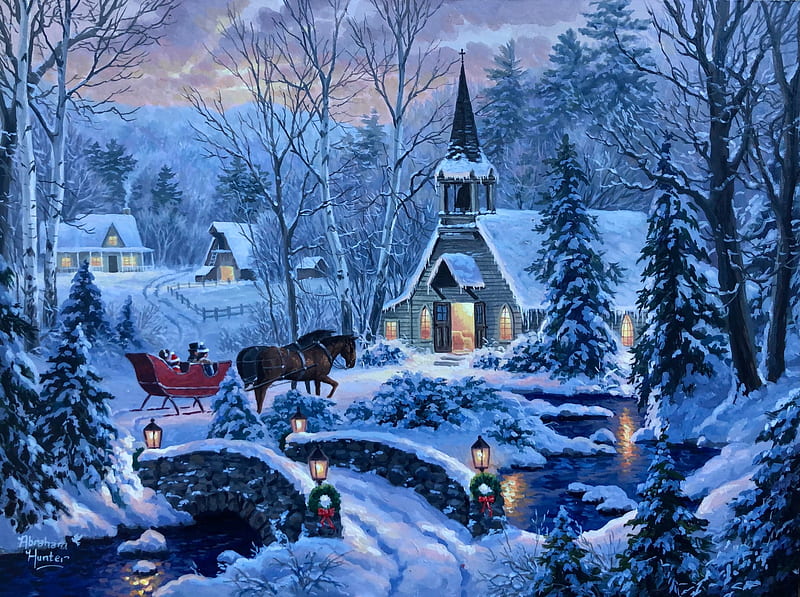 Cozy Evening, sleigh, snow, bridge, village, river, trees, church, horse, winter, HD wallpaper