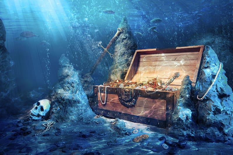 Fantasy, Ocean, Treasure, Skull, Sword, Sea Bed, HD wallpaper