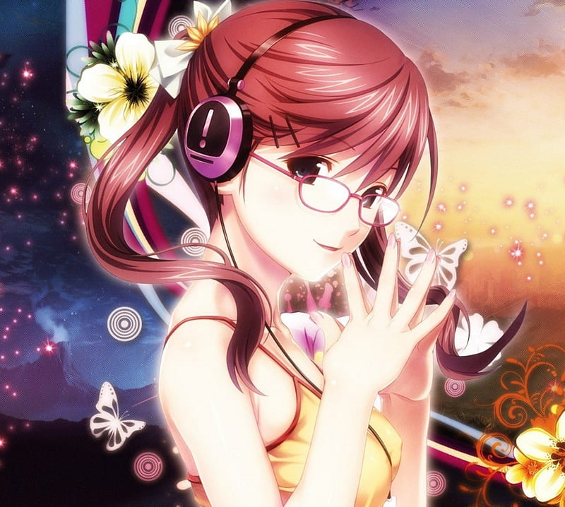 Listening to Music, shirt, lovely, feeling better, glasses, headphones, red hair, wall, cute, Nice, kawaii, butterfly, anime, flower, loooking, pony tail, HD wallpaper