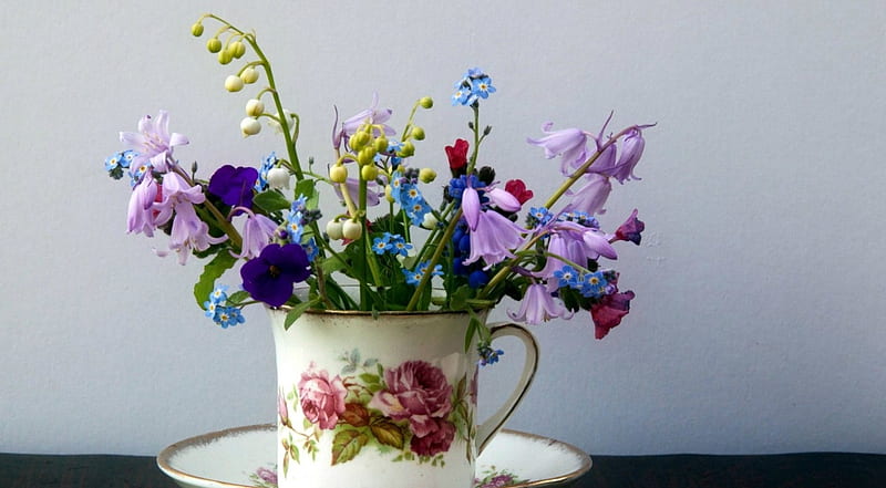 A cup of flowers, cup, beauty, spring, gift, HD wallpaper | Peakpx