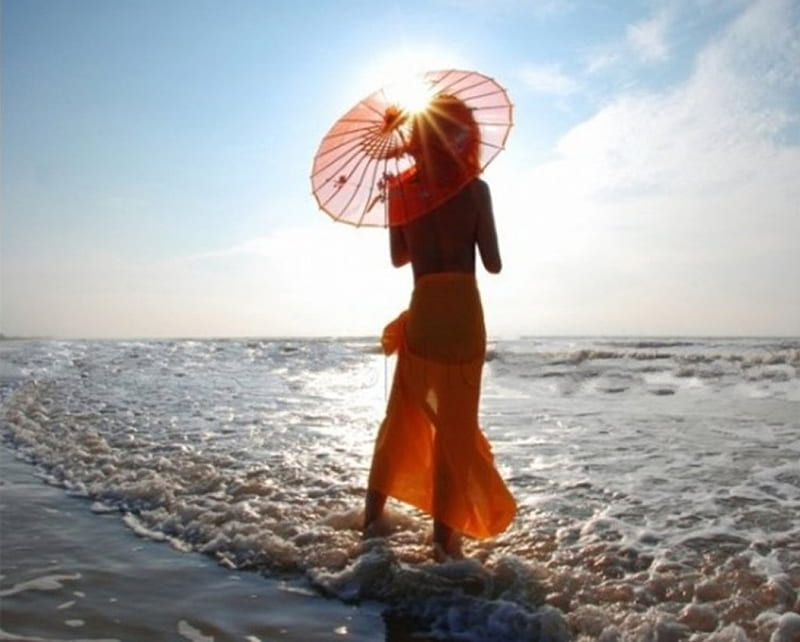meet morning, beach, sun, girl, umbrella, pleasure, HD wallpaper