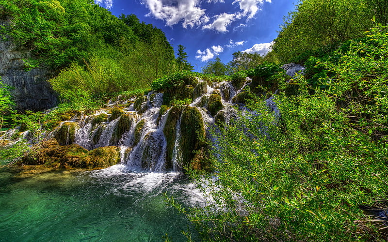 waterfall, summer, Plitvice Lakes National Park, green bushes, grass, Croatia, HD wallpaper