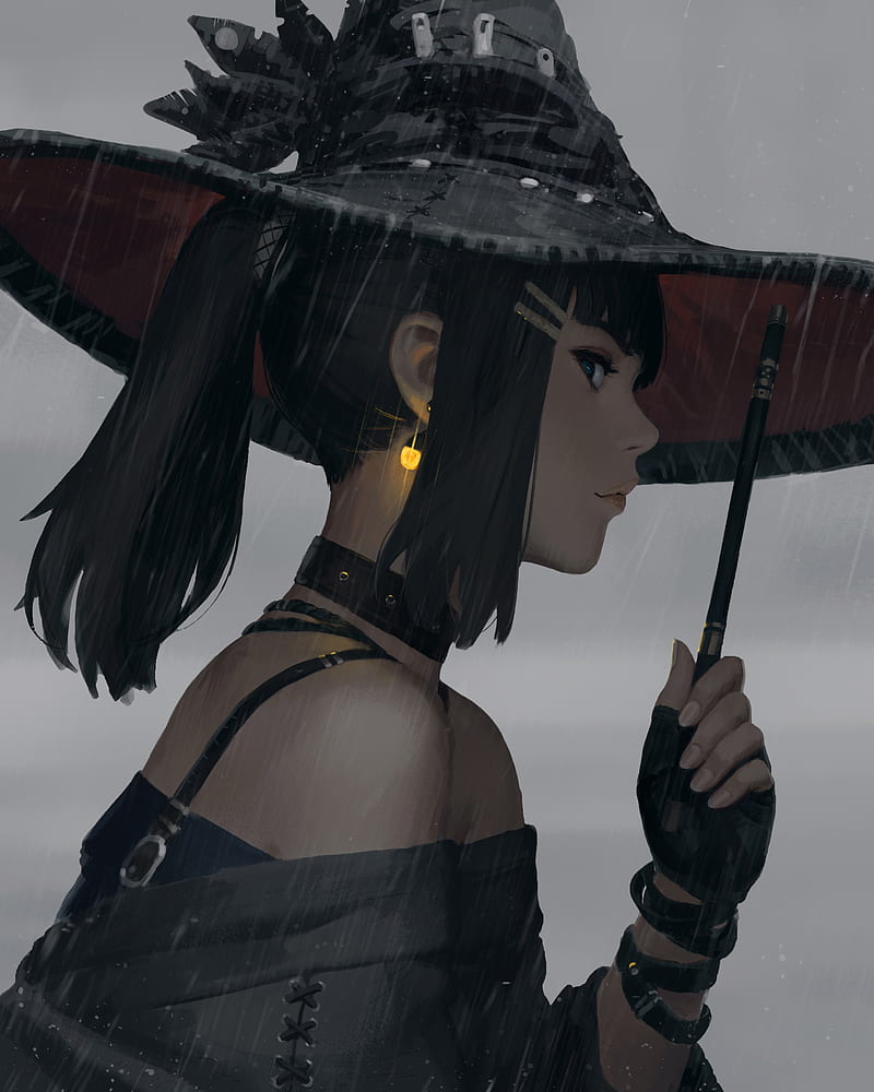 women, fantasy girl, wands, witch, witch hat, feathers, profile, portrait display, vertical, black hair, ponytail, hair pins, blue eyes, looking at viewer, choker, fingerless gloves, rain, earring, glowing, fantasy art, original characters, artwork, drawing, digital art, illustration, GUWEIZ, side view, bare shoulders, digital painting, glowing earrings, fantasy painting, HD phone wallpaper