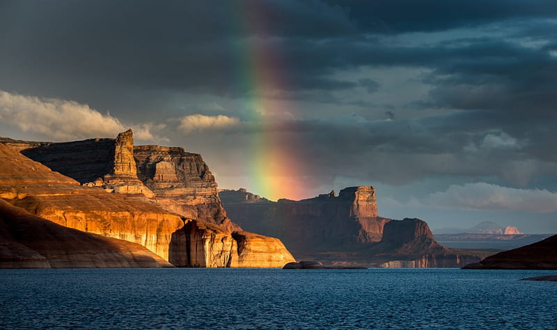 Padre Bay, Lake Powell, Arizona, sunrays, water, usa, rainbow, clouds, canyons, HD wallpaper