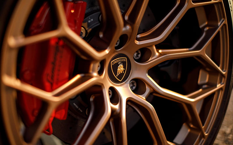 bronze Lamborghini wheel, Lamborghini Huracan, Performante Spyder, brake caliper, italian sports cars, Lamborghini, HD wallpaper