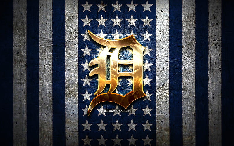 Detroit Tigers flag, MLB, blue white metal background, american baseball team, Detroit Tigers logo, USA, baseball, Detroit Tigers, golden logo, HD wallpaper